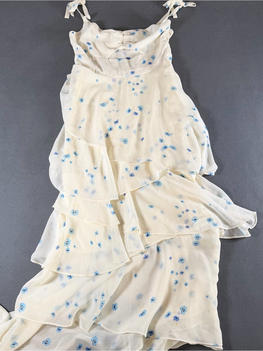 Flynn Skye Blue Floral Tiered Ruffle Cut-Out Maxi Dress - Size S